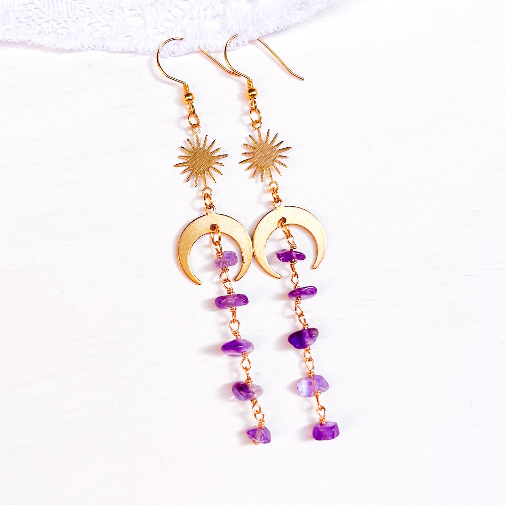 Moon and star amethyst earrings for strength and stability