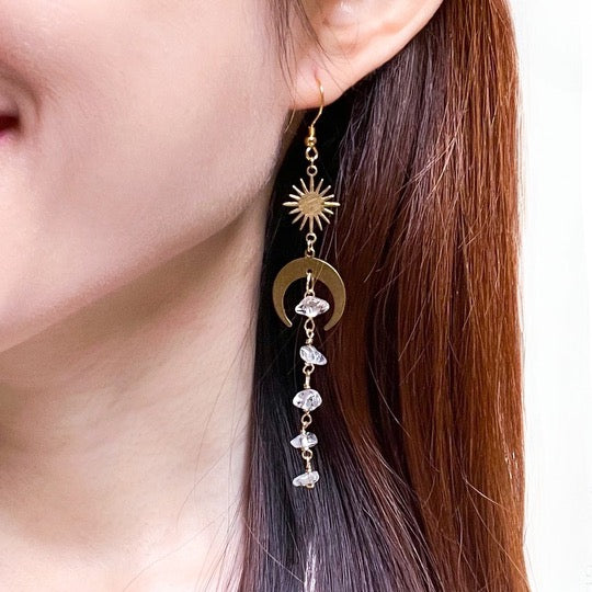 Master of Healing Crystal | Moon and Star Clear Quartz Gold or Silver Earrings