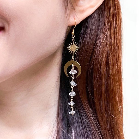 Master of Healing Crystal | Moon and Star Clear Quartz Gold or Silver Earrings