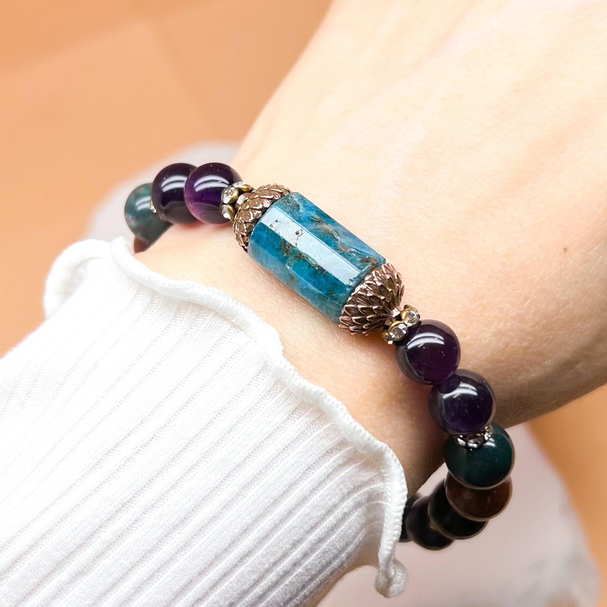Dumortierite and apatite lotus bracelet