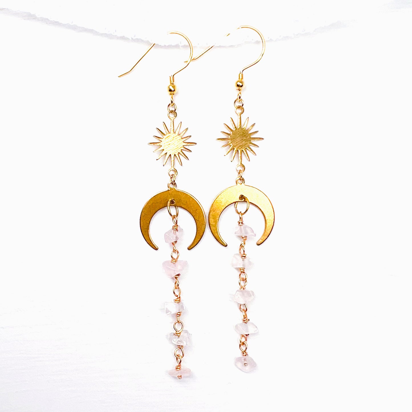 Moon and star rose quartz gold earrings