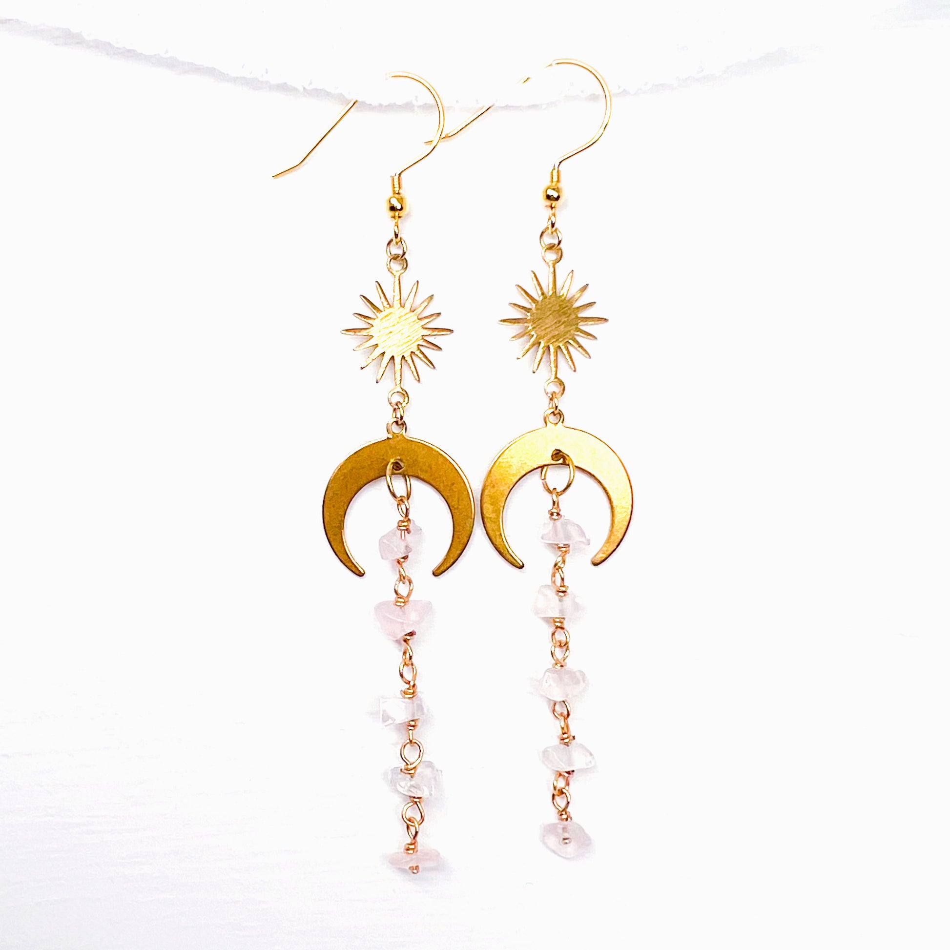 Moon and star rose quartz gold earrings