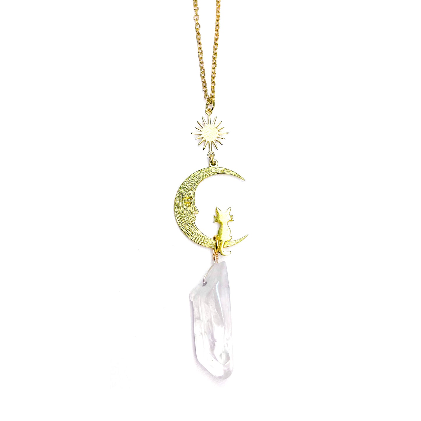 Gold moon and cat aura crystal car charm