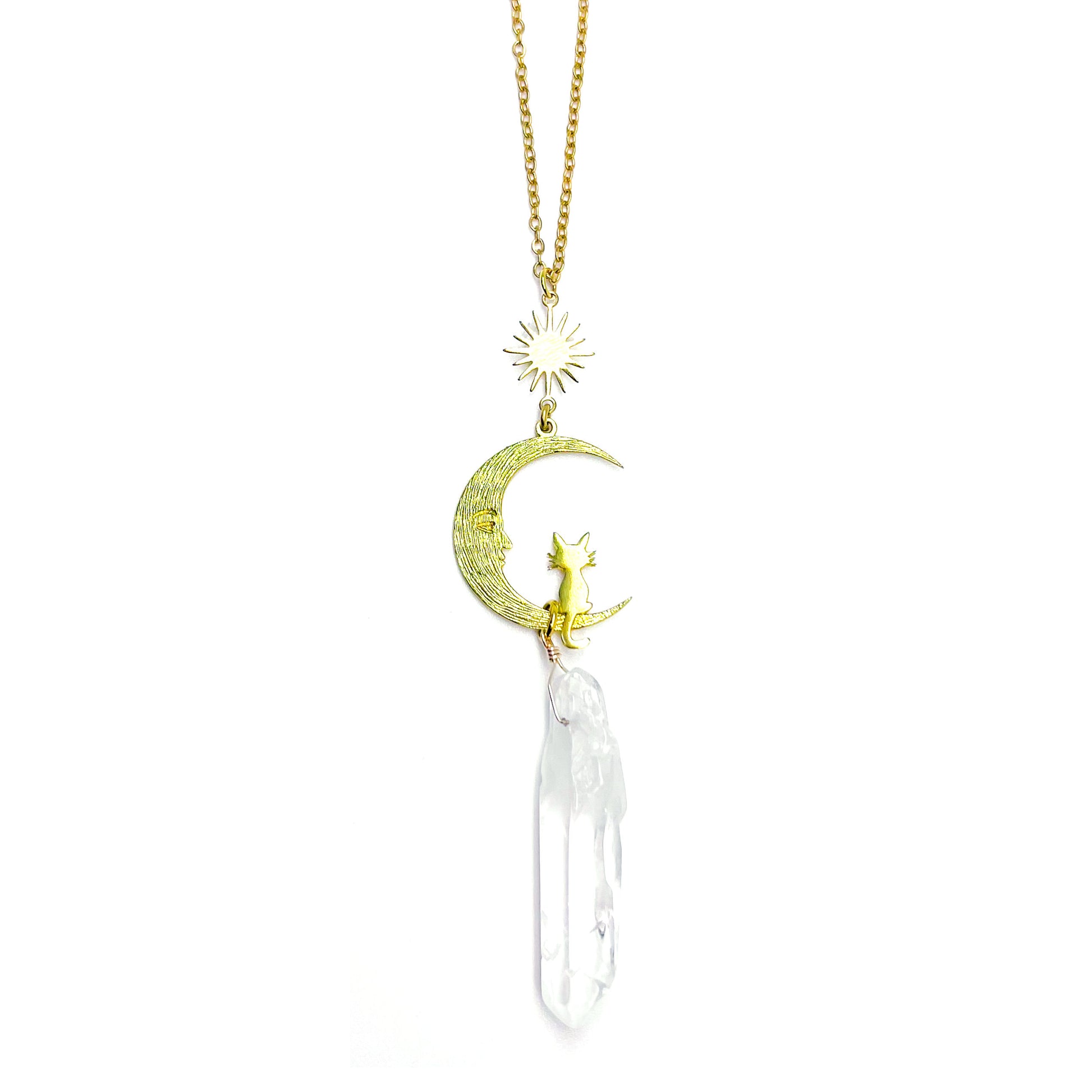 Gold moon and cat white quartz car charm