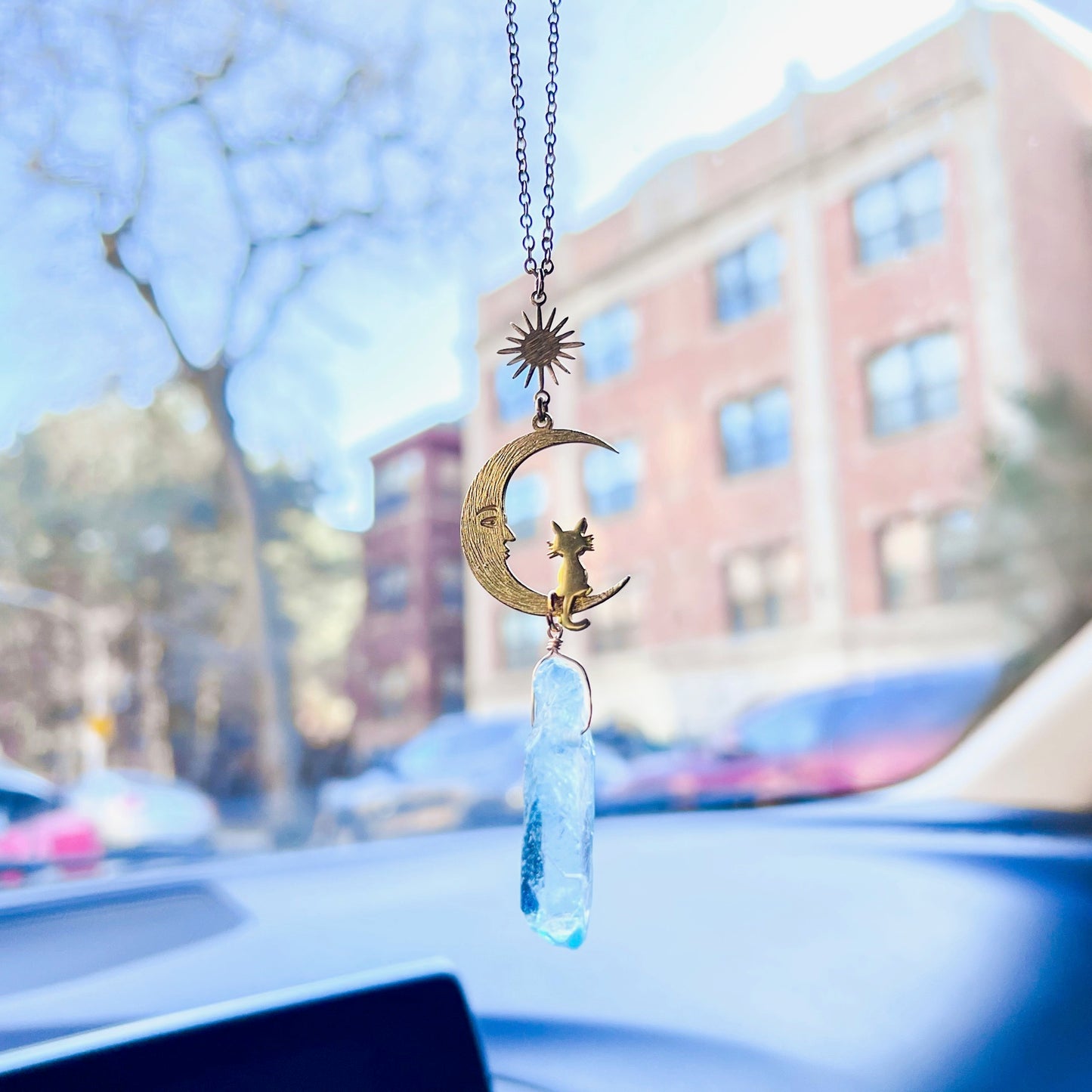 Gold moon and cat blue aura crystal car charm