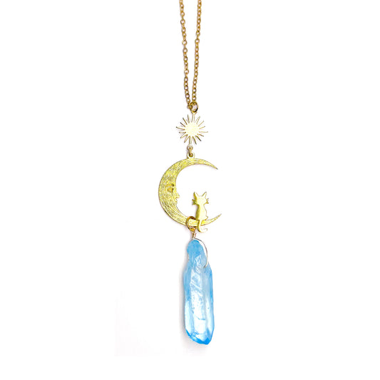 Gold moon and cat blue aura crystal car charm