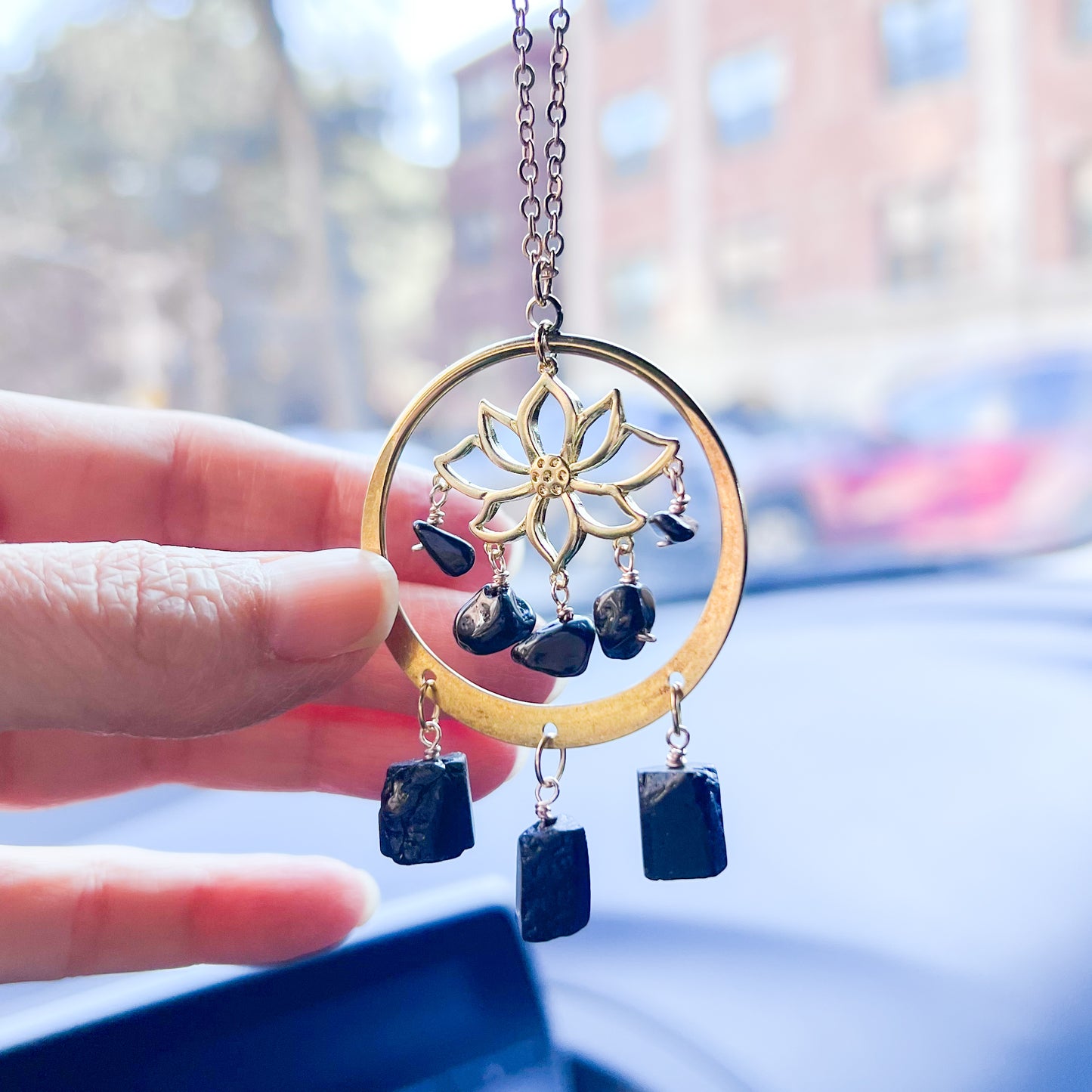 Gold lotus black tourmaline sun catcher
