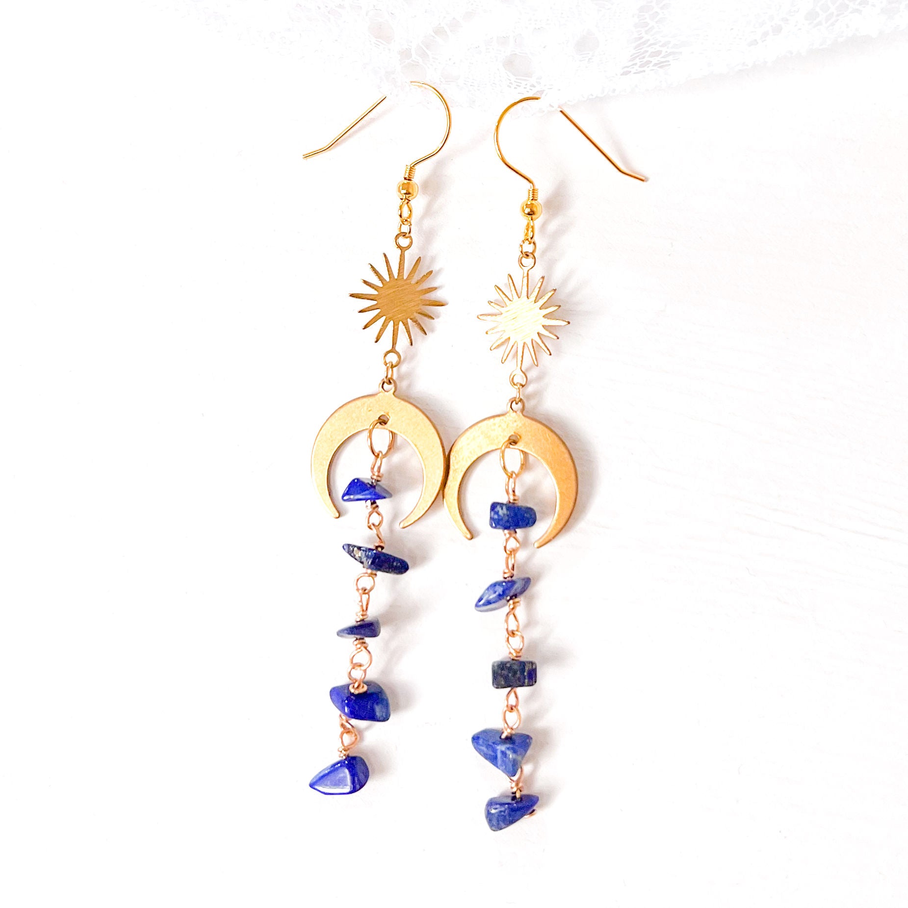 Moon and star lapis lazuli  gold earrings