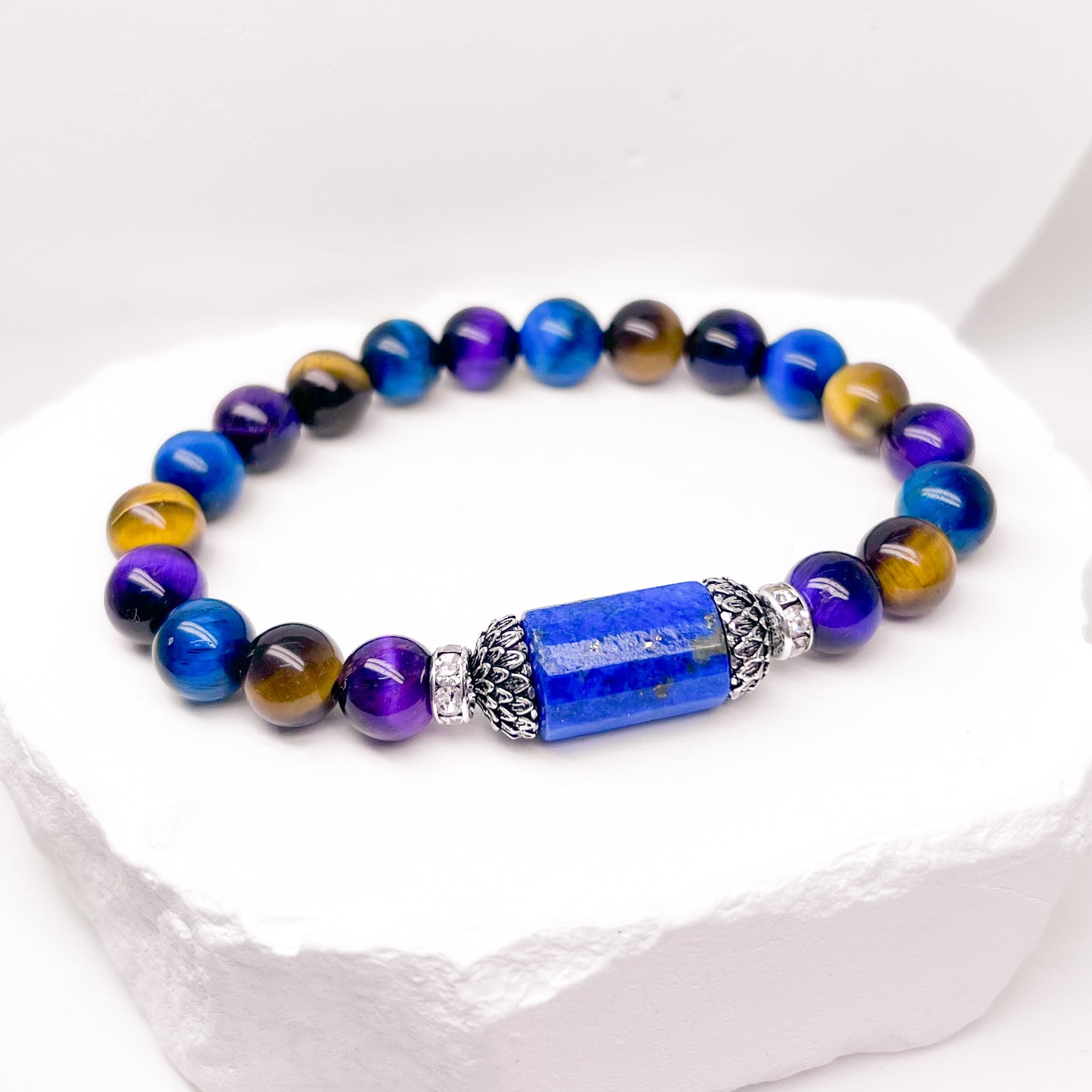 Tiger eye and lapis lazuli lotus bracelet