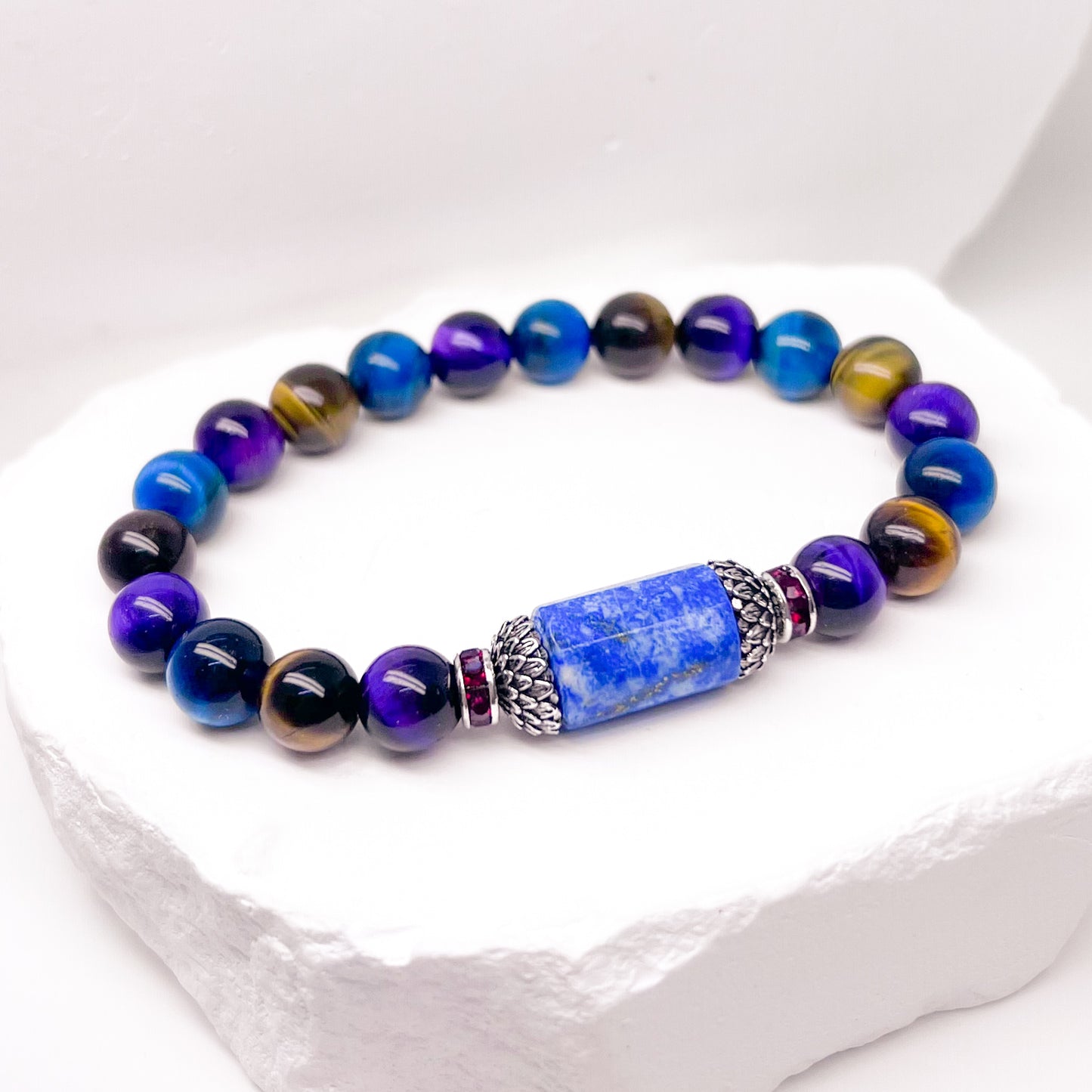 Tiger eye and lapis lazuli lotus bracelet