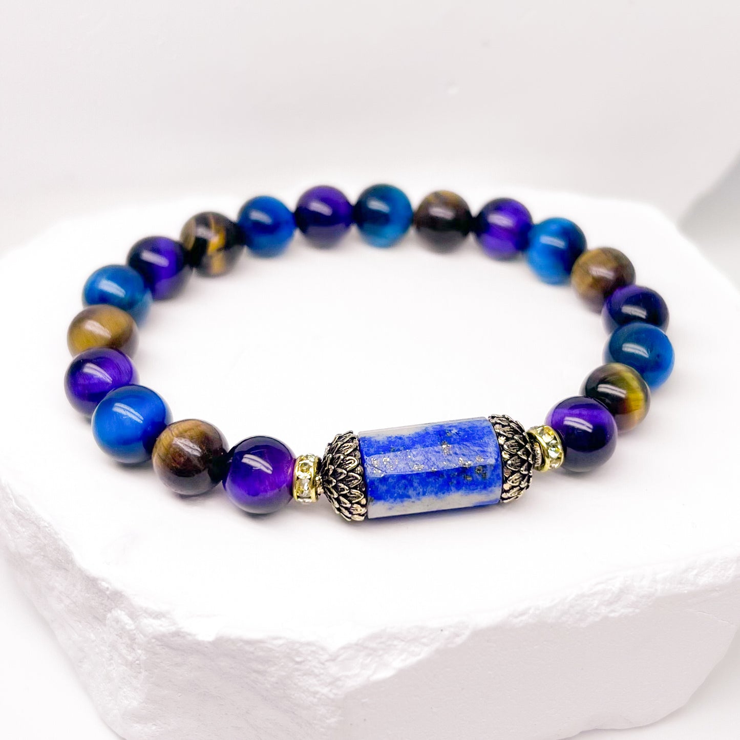 Tiger eye and lapis lazuli lotus bracelet