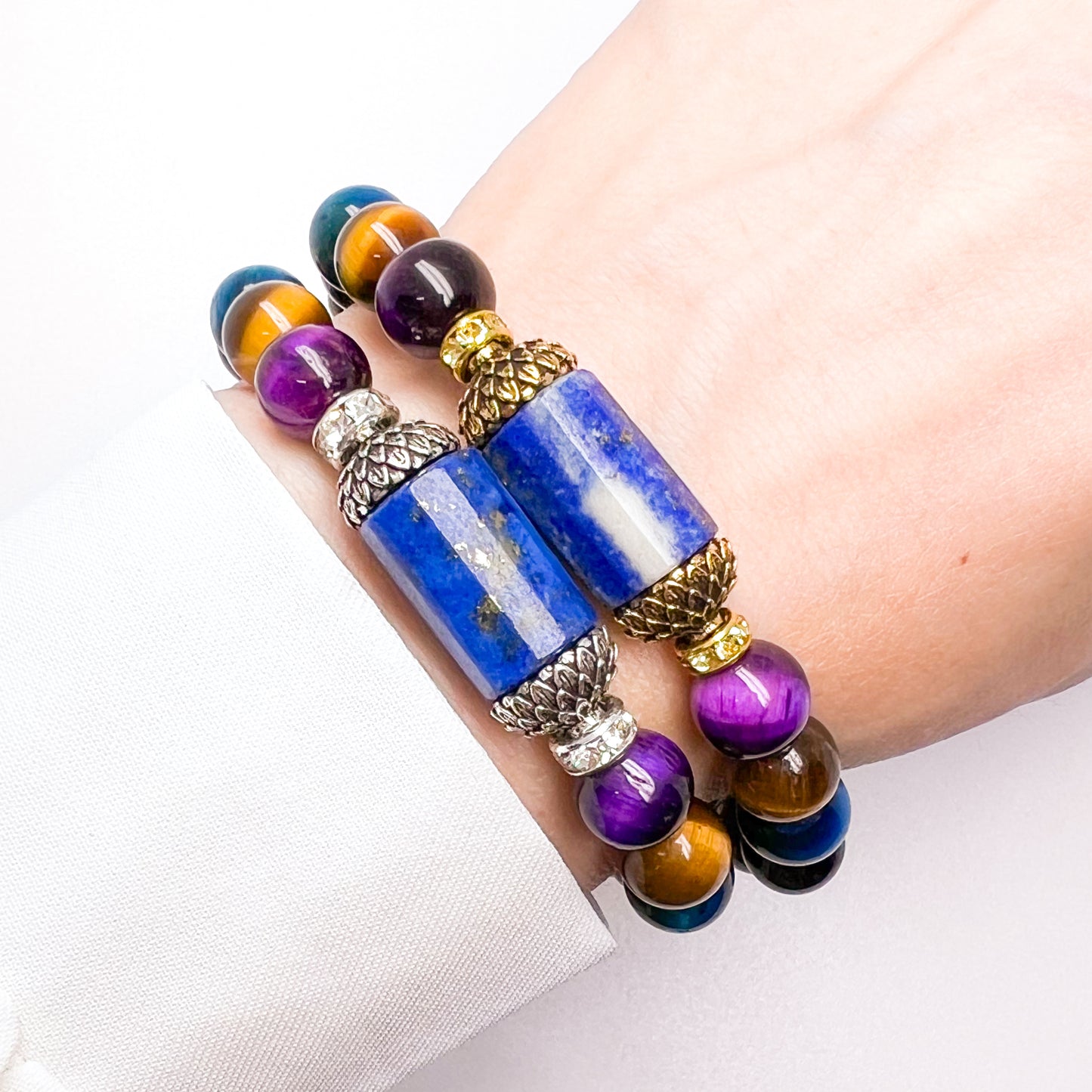 Tiger eye and lapis lazuli lotus bracelet