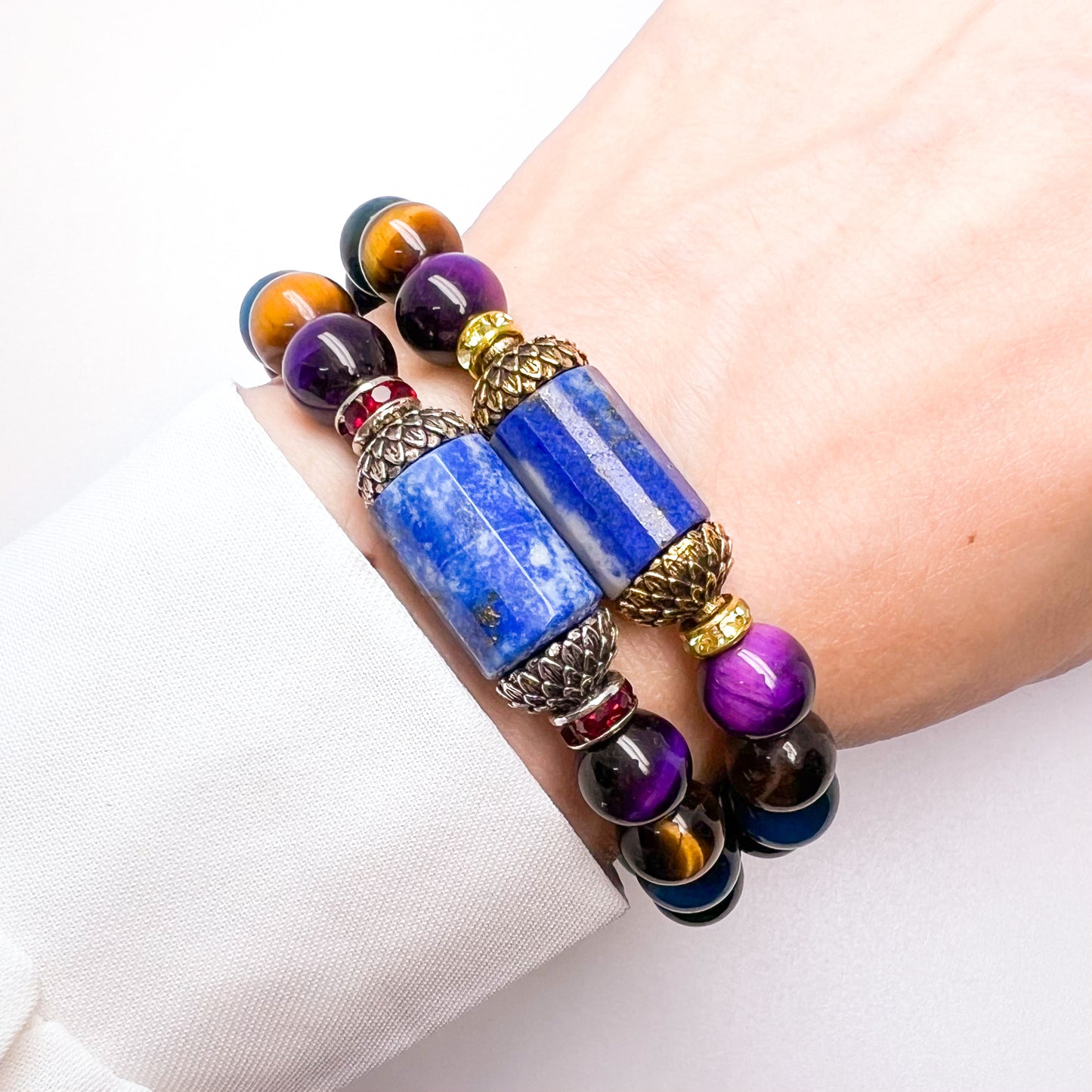 Tiger eye and lapis lazuli lotus bracelet