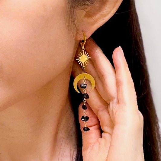 Moon and star black tourmaline earrings