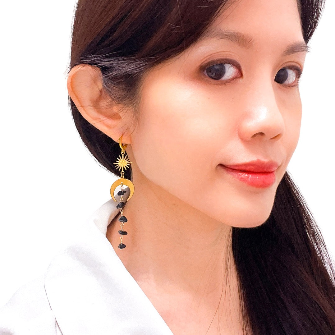 Moon and star black tourmaline earrings