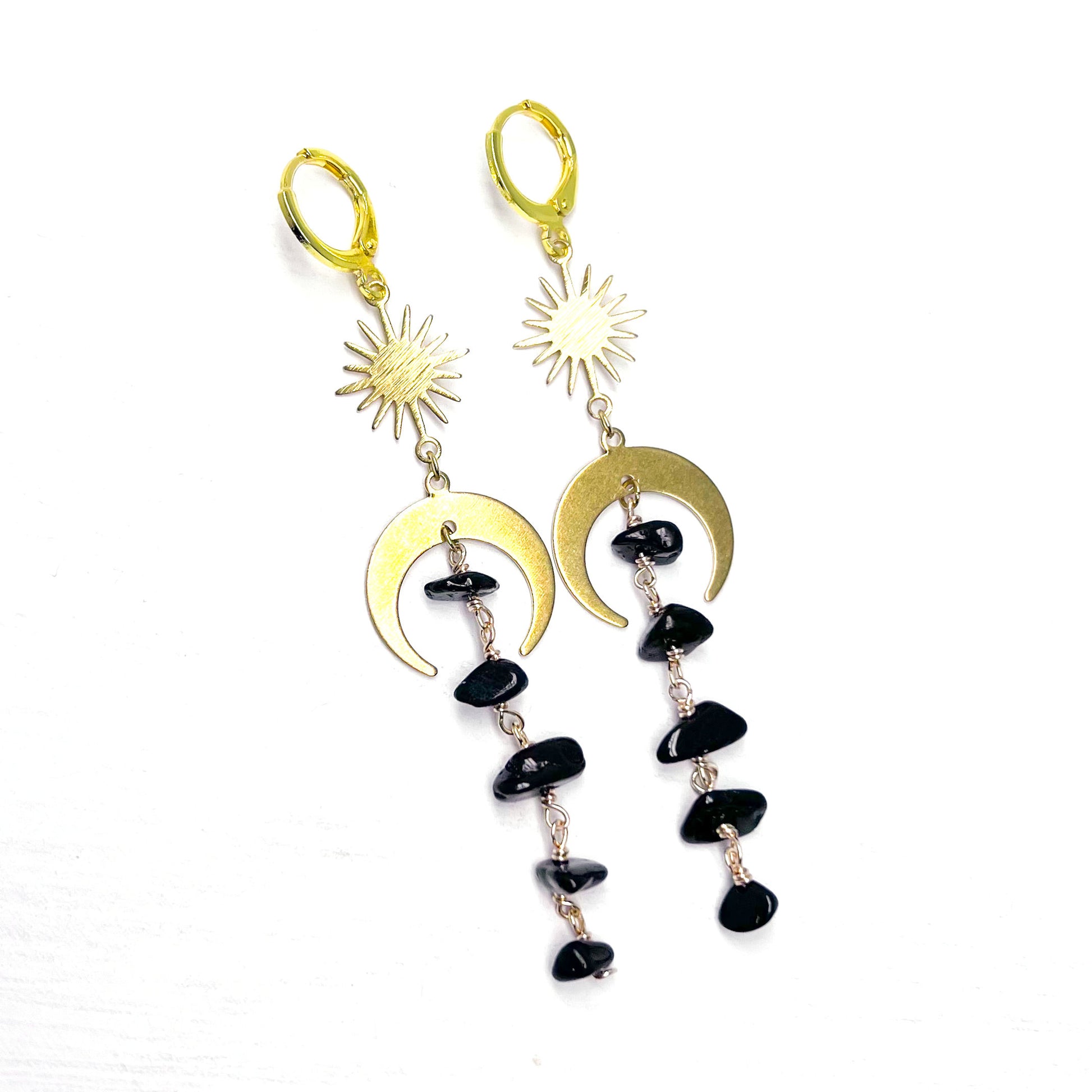 Moon and star black tourmaline earrings
