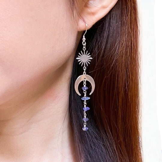Nurturing and Divine Healing | Moon and Star Tanzanite Gold or Silver Earrings
