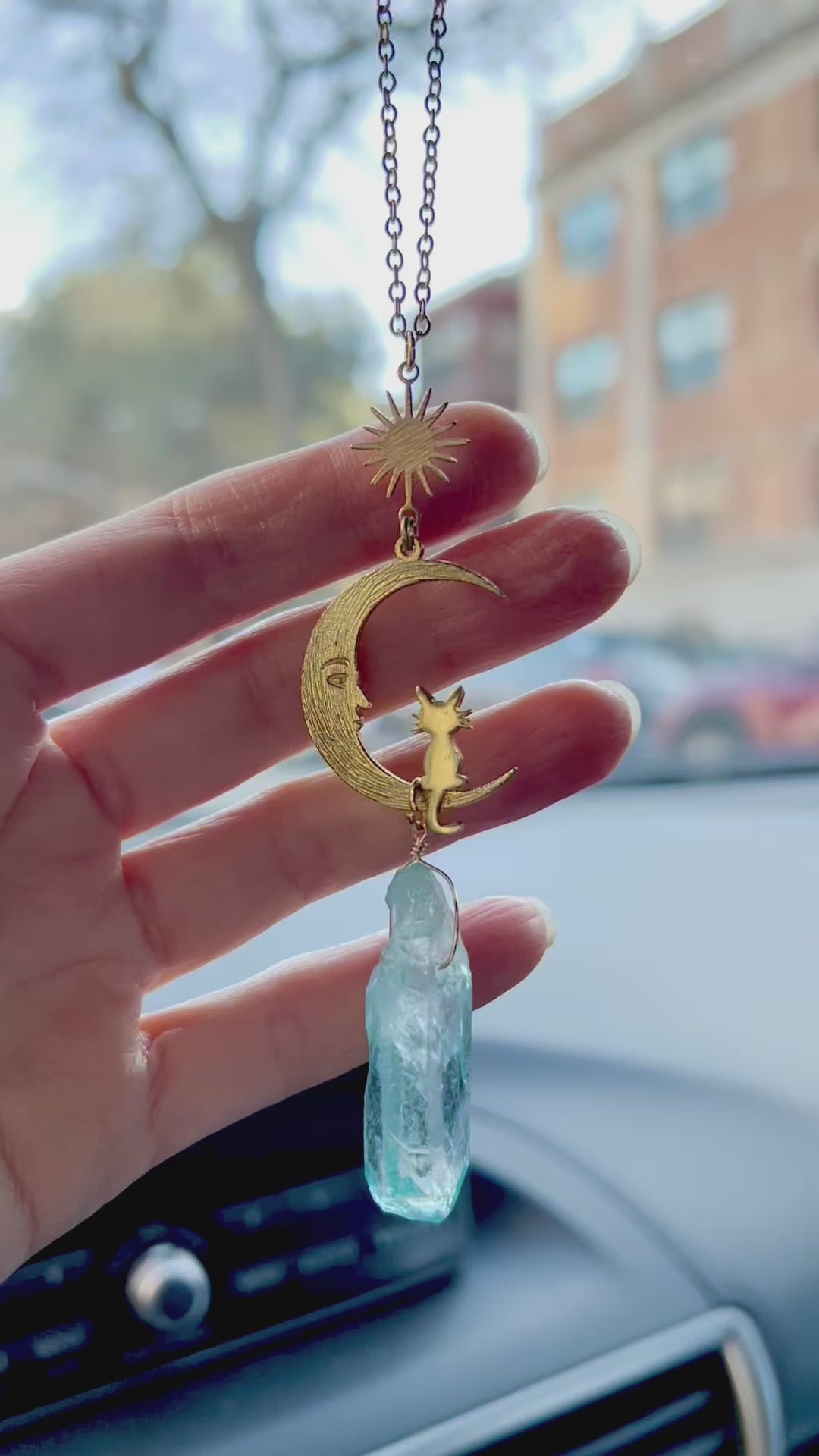 Gold moon and cat blue aura crystal car charm