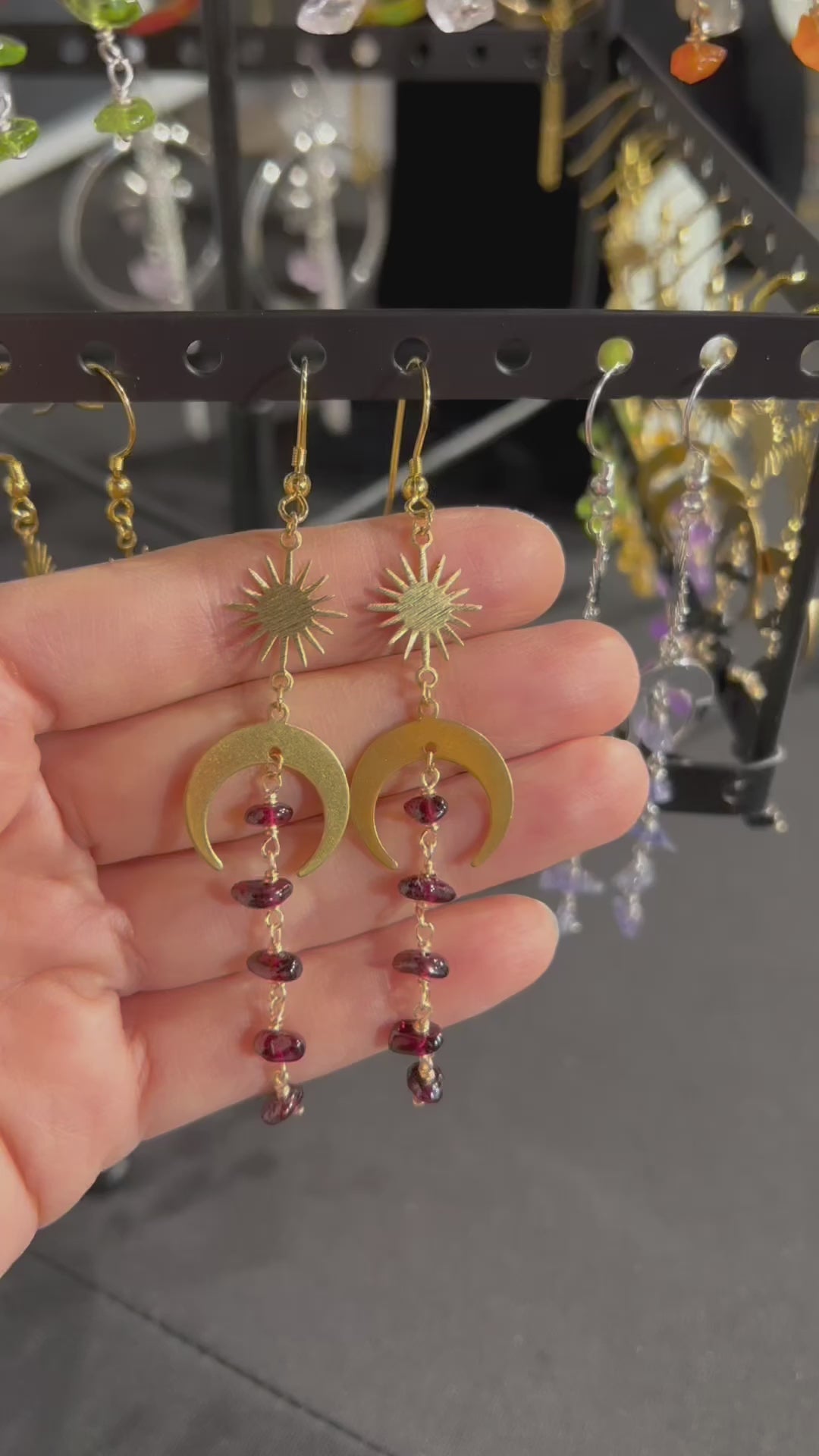 Moon and star garnet gold earrings