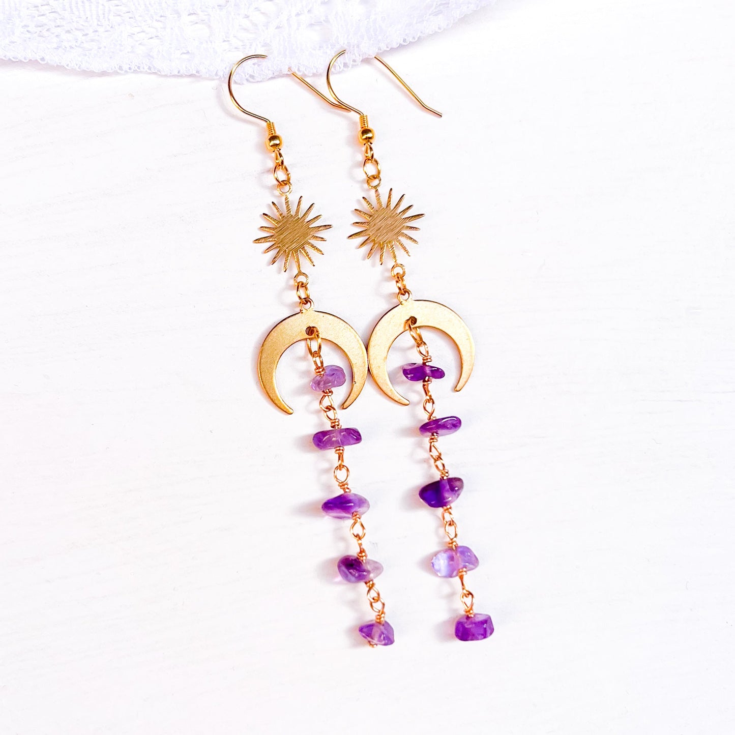 Moon and star amethyst earrings for strength and stability