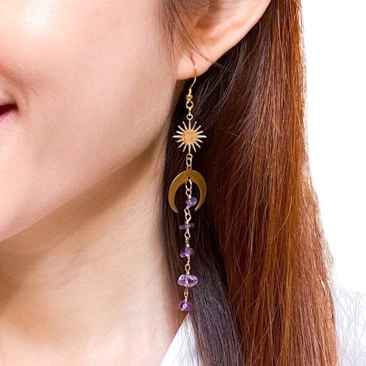 Moon and star amethyst gemstone earrings