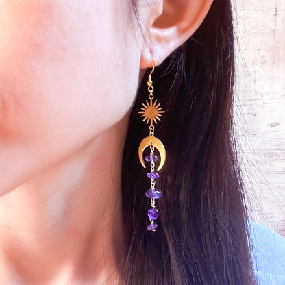 Moon and star amethyst gold earrings