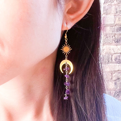 Moon and star amethyst earrings for strength and stability