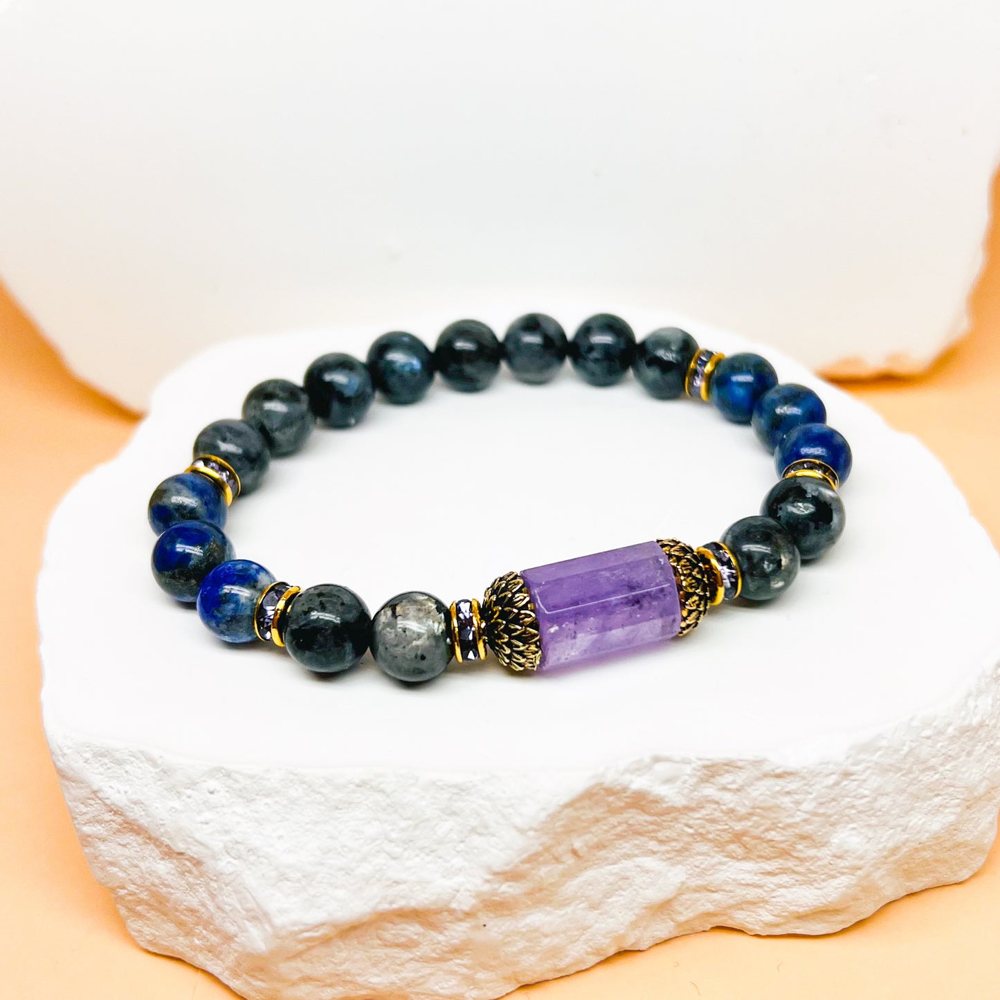 Amethyst and lapis lazuli meditation lotus bracelet 