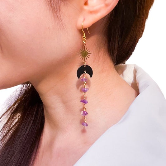 Black Moon and star amethyst gemstone earrings