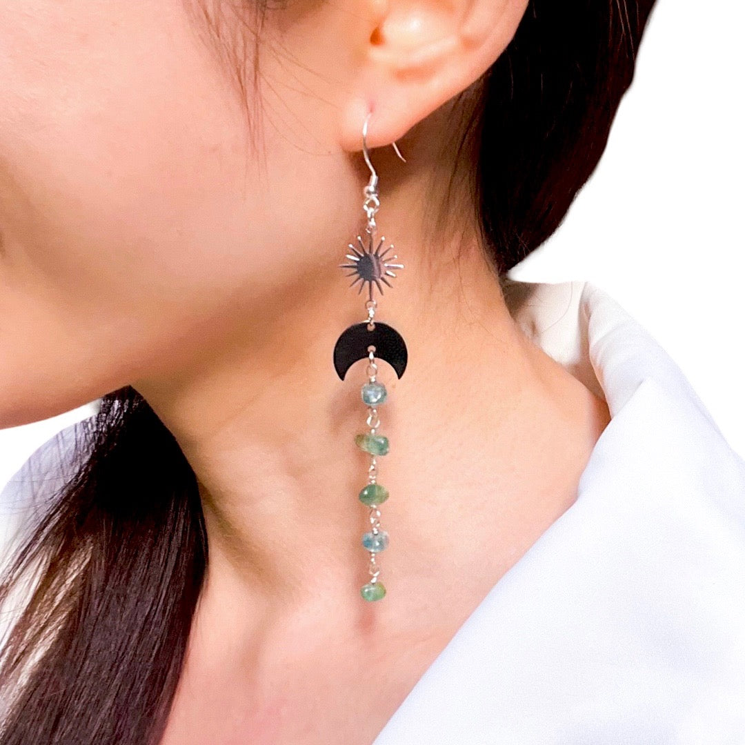 Black moon and star apatite earrings