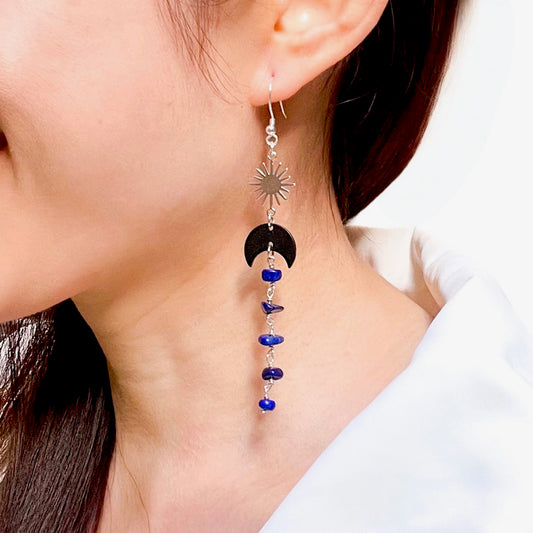 Black moon and star lapis lazuli earrings