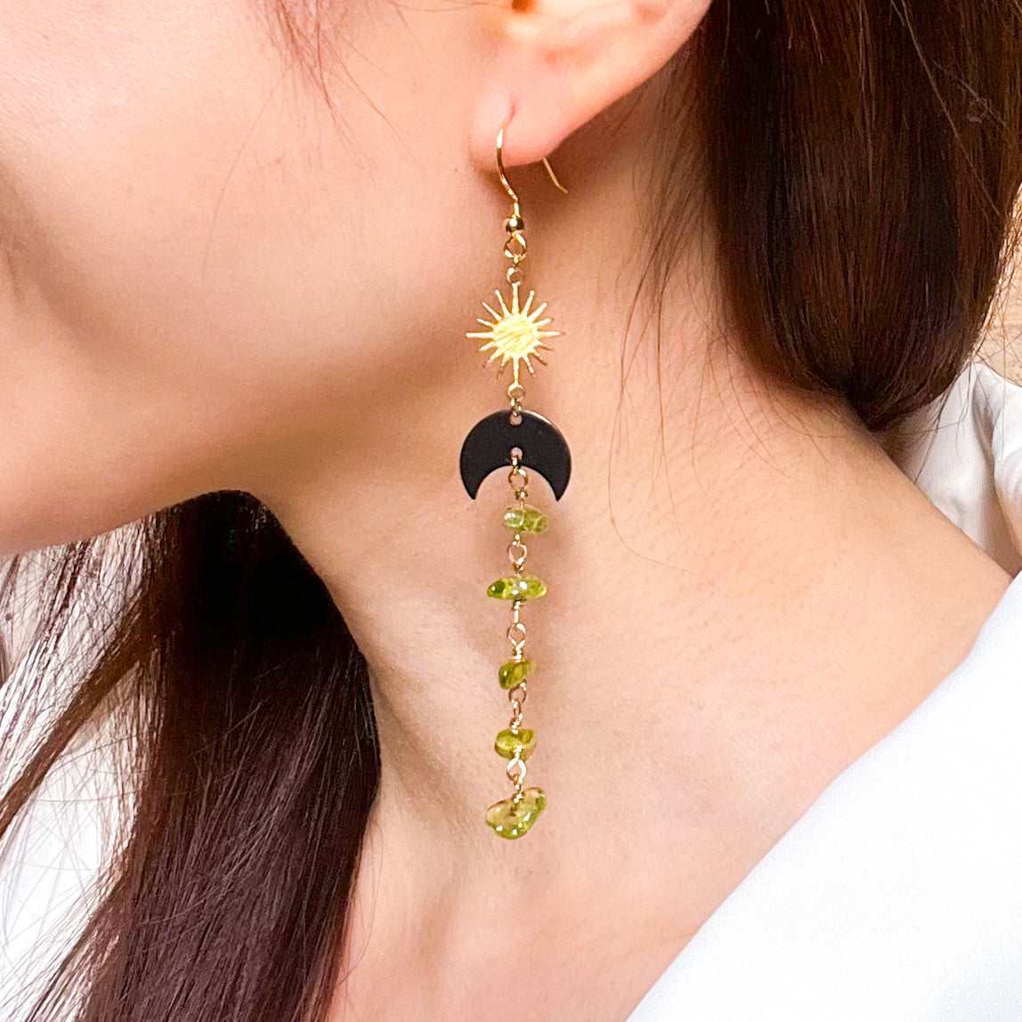Black moon and star peridot gold earrings