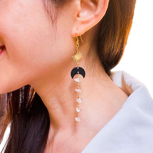 Black moon and star clear quartz earrings