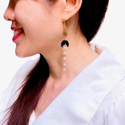 Black moon and star rose quartz earrings
