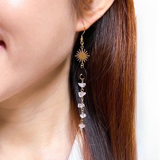 Black moon and star rose quartz earrings