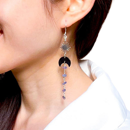 Black moon and star tanzanite earrings