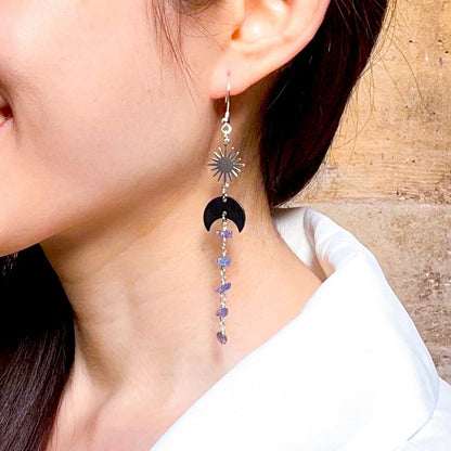 Black moon and star tanzanite gemstone earrings