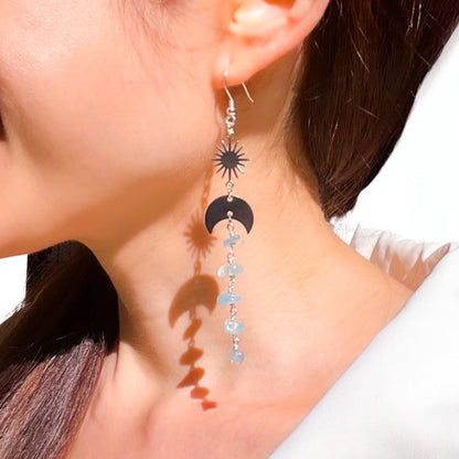 Black moon and star aquamarine long earrings