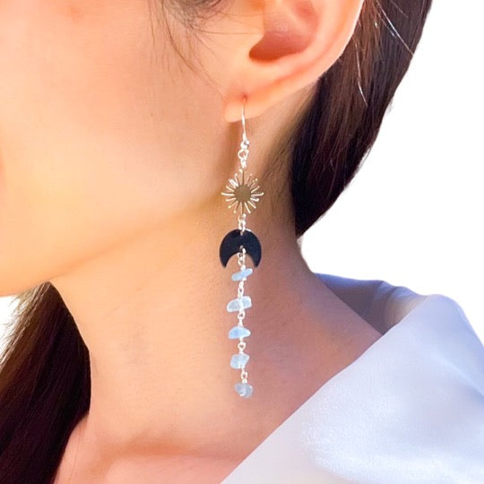 Black moon and star aquamarine drop earrings