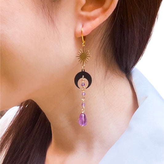 Moon and star amethyst long earrings