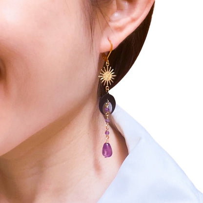 Moon and star amethyst long earrings