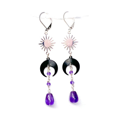 Black moon and star gemstone earrings