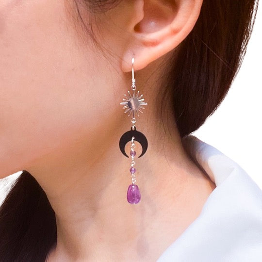 Black moon and star amethyst earrings