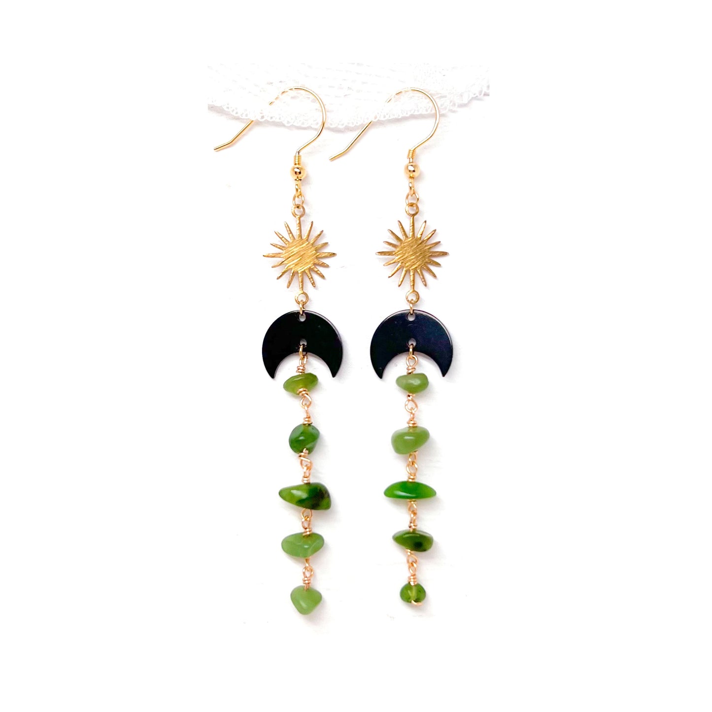 Black moon and star jade long earrings 