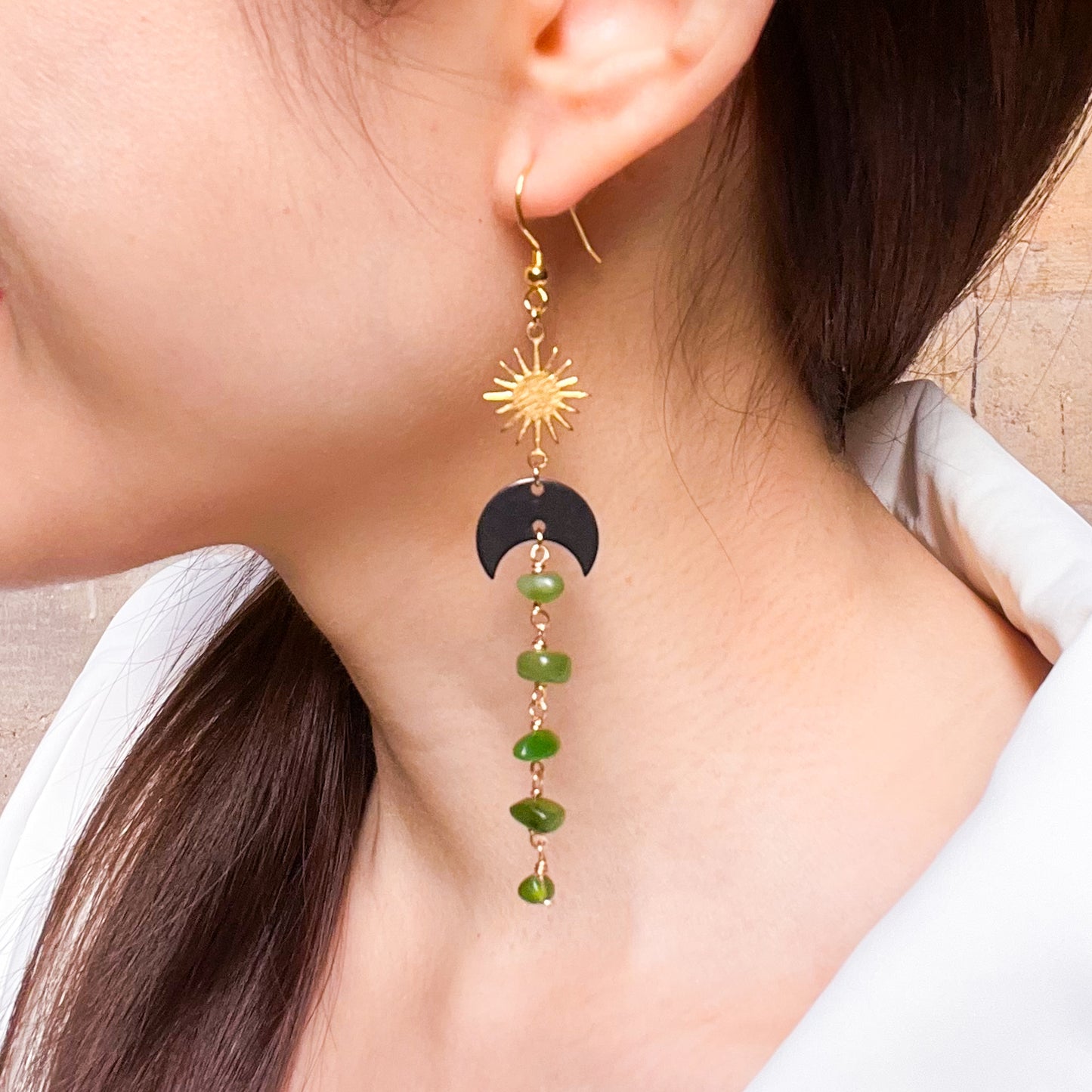 Black moon and star jade drop earrings