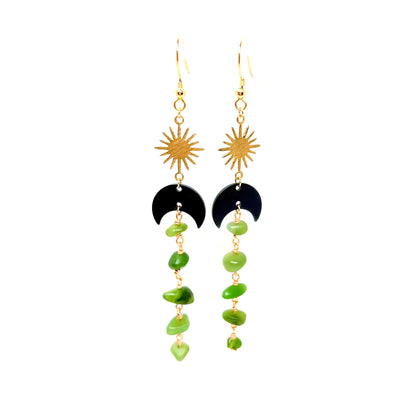 Black moon and star jade long earrings 