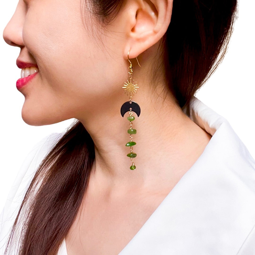 Black moon and star jade drop earrings