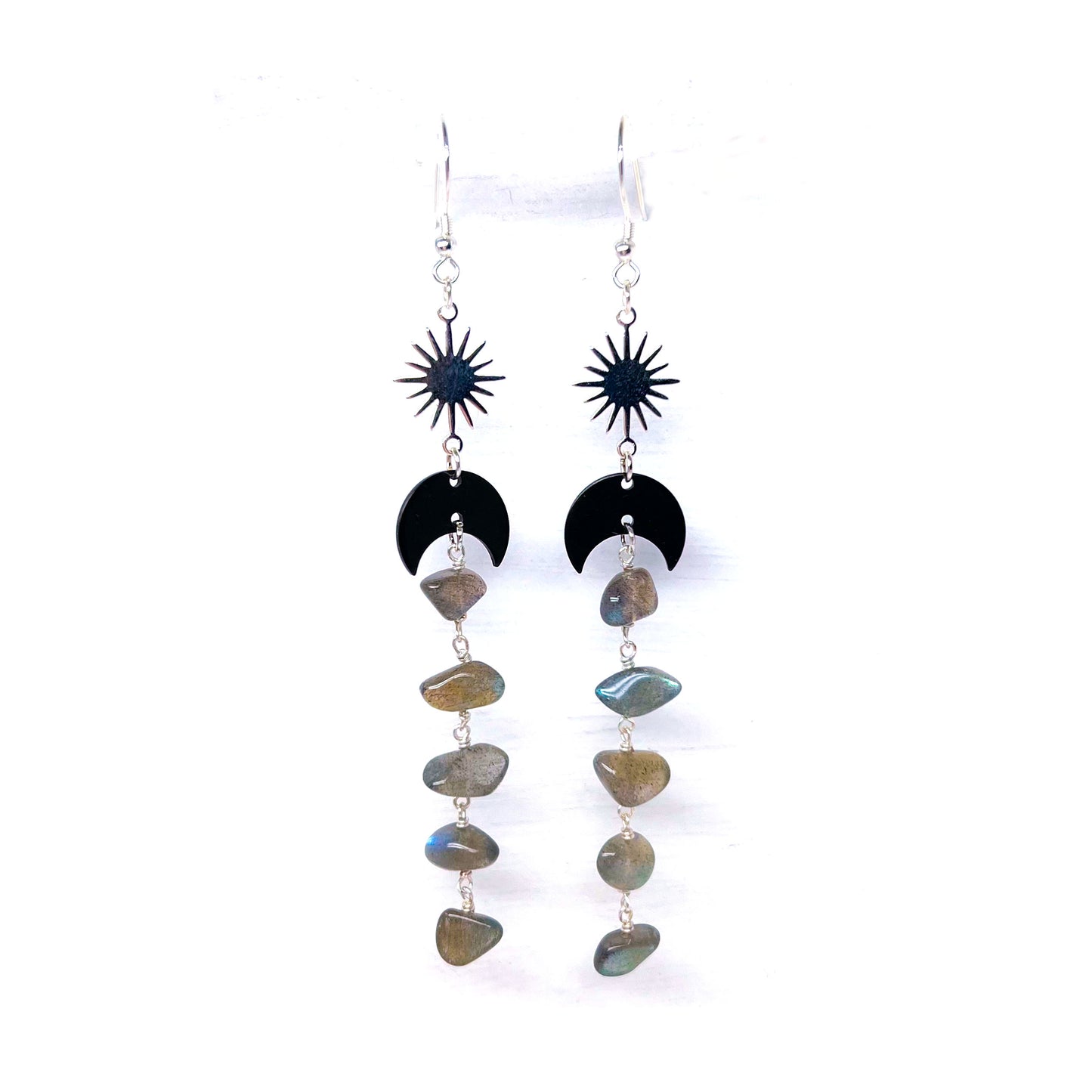 Black moon and star labradorite drop earrings