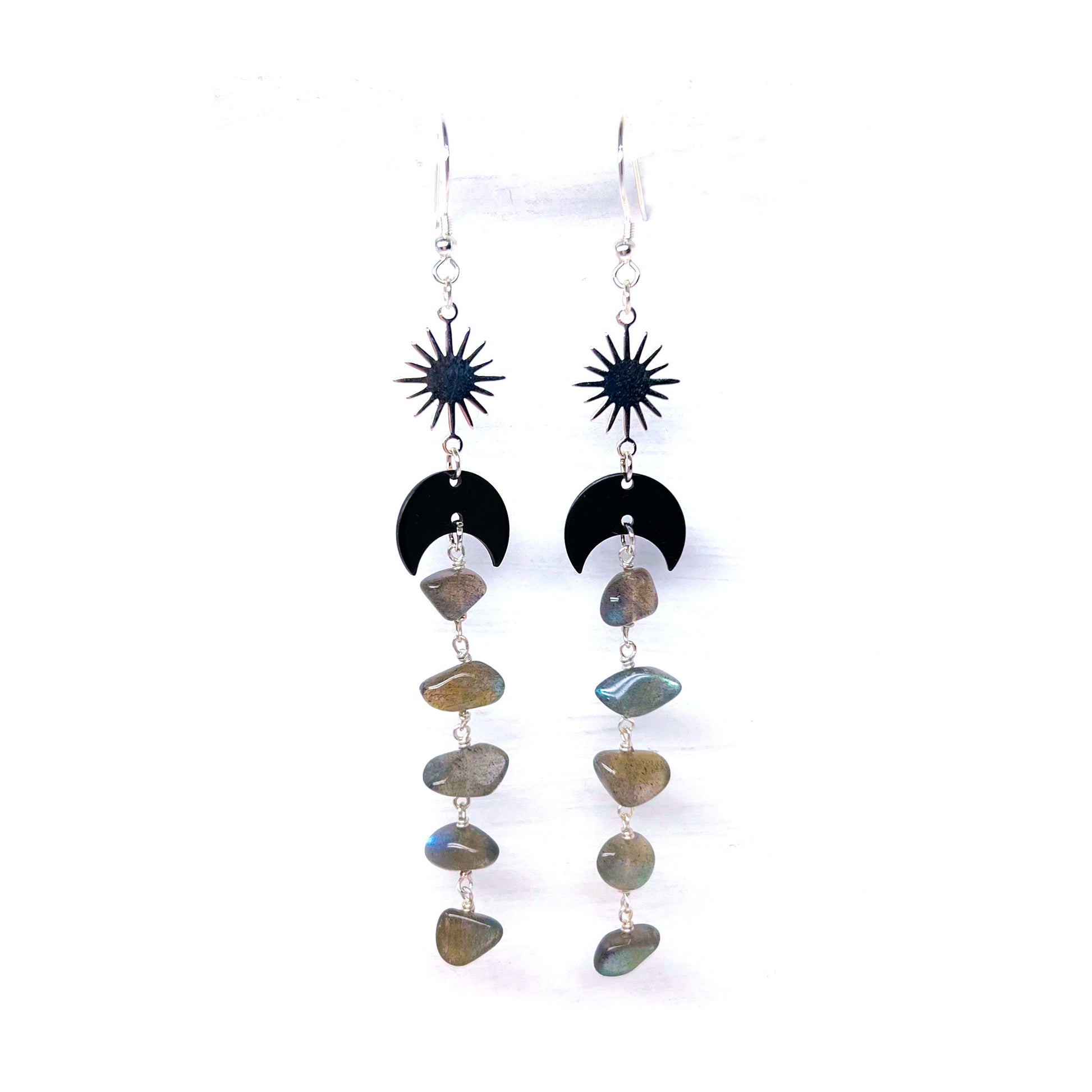 Black moon and star labradorite drop earrings