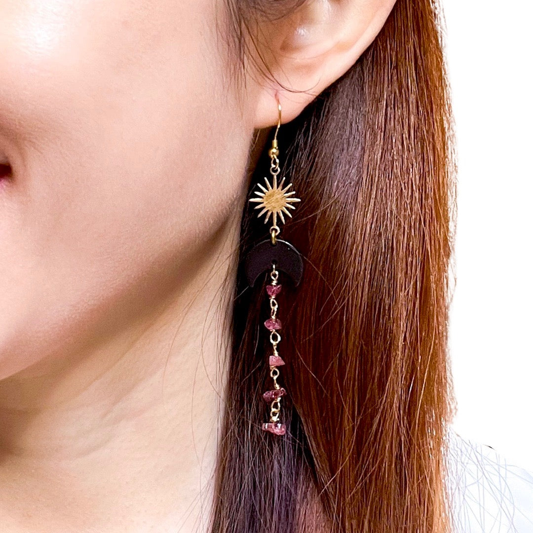 Strength and Vitality | Black Moon and Star Rubellite Earrings Gold or Silver